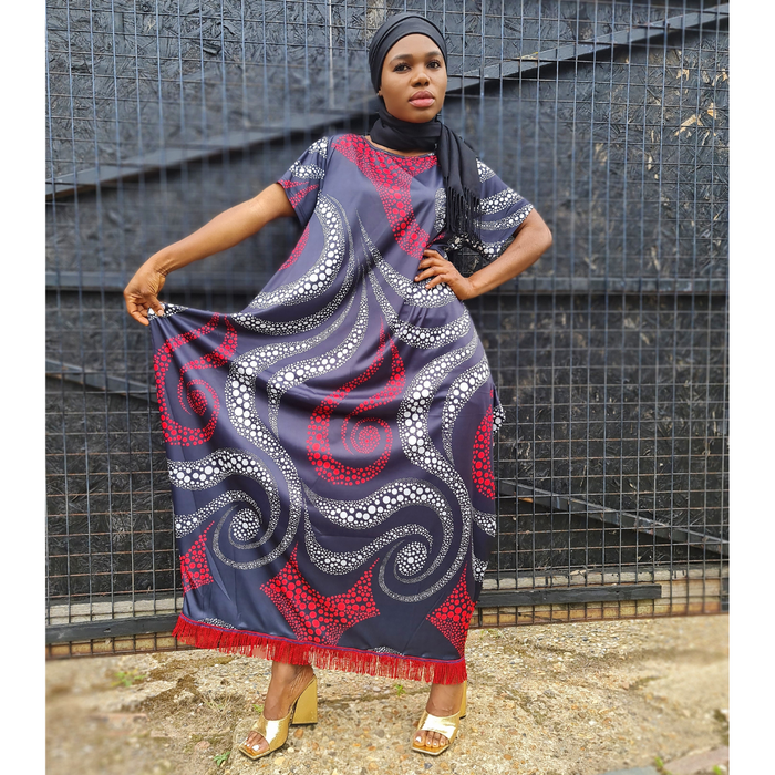Abstract Print Cap Sleeve Maxi Dress with Pockets