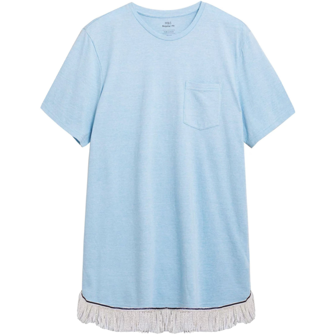 Light Blue Pure Cotton Textured T-Shirt with Fringes