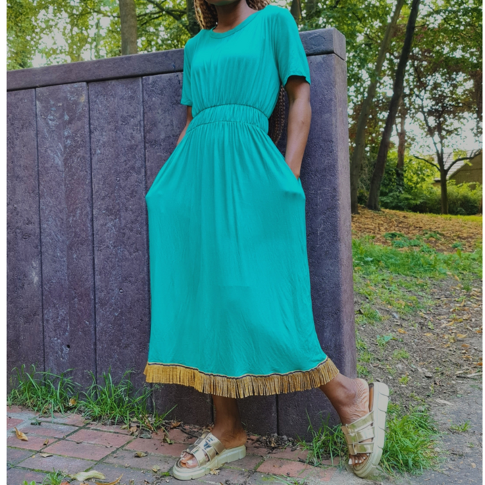 Plain Elastic Waist Midi Dress with Pockets
