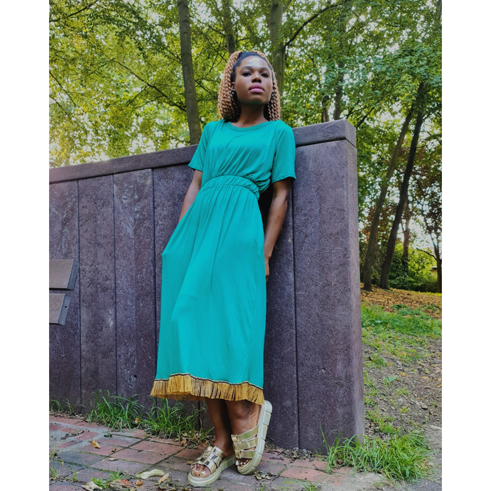 Plain Elastic Waist Midi Dress with Pockets
