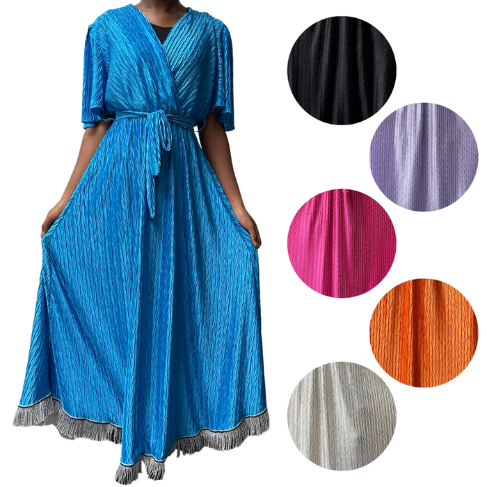 V-Neck Tie Waist Crinkle Midi Dress