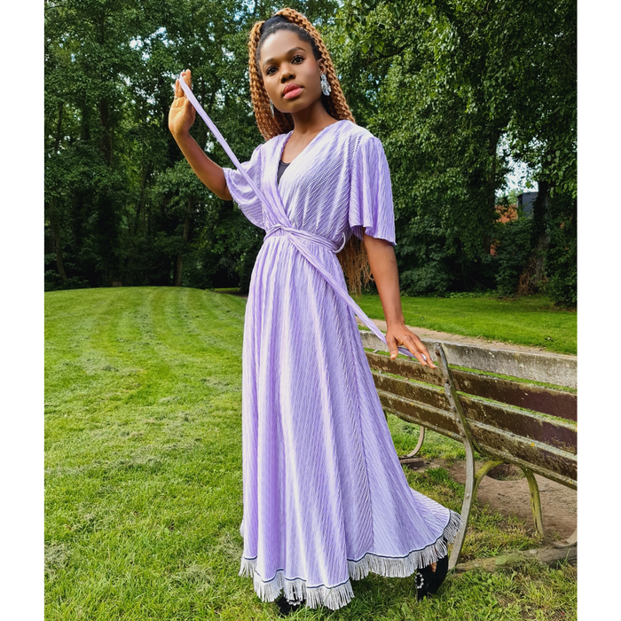 V-Neck Tie Waist Crinkle Midi Dress