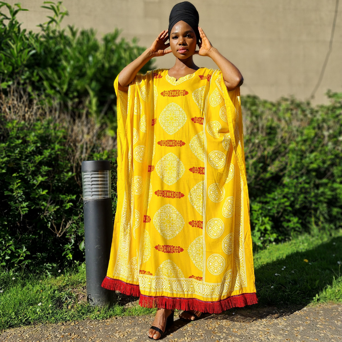 African Block Print Kaftan Maxi Dress with Headwrap