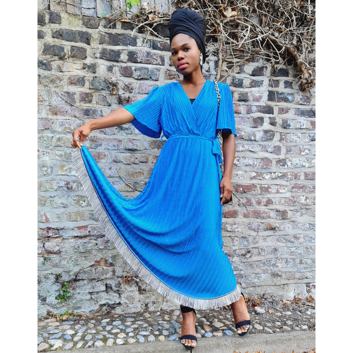 V-Neck Tie Waist Crinkle Midi Dress