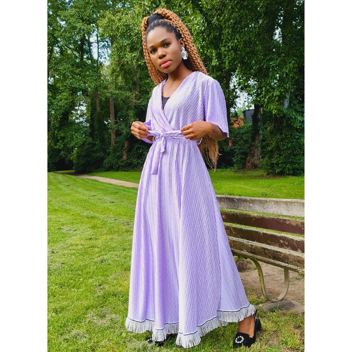 V-Neck Tie Waist Crinkle Midi Dress