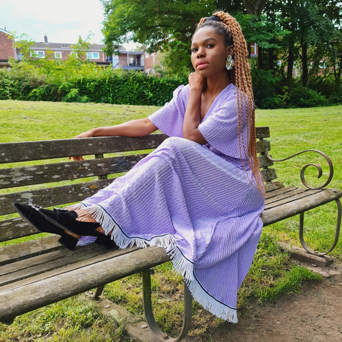 V-Neck Tie Waist Crinkle Midi Dress