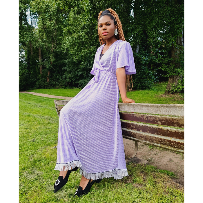 V-Neck Tie Waist Crinkle Midi Dress
