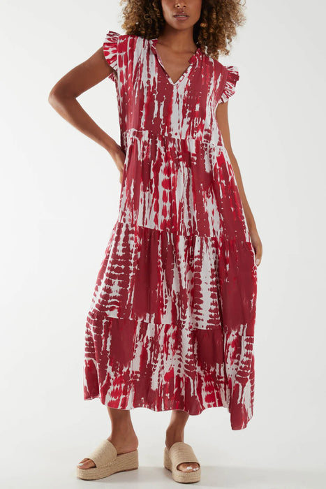 V-Neck Frill Sleeve Tiered Dress