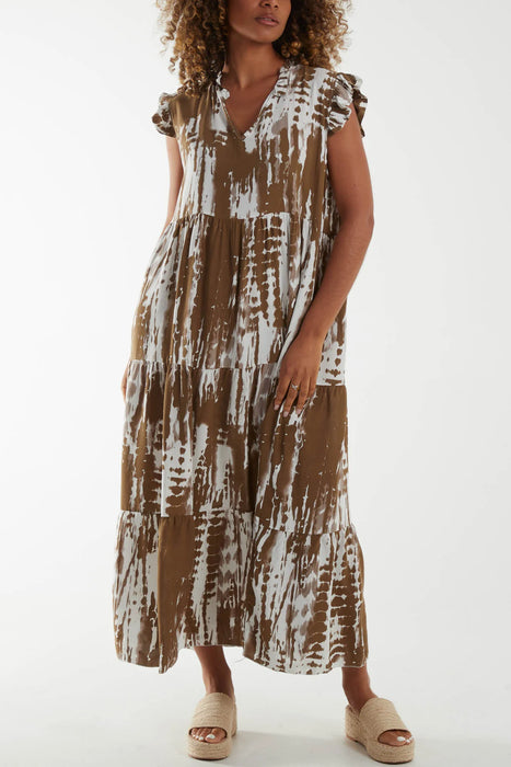 V-Neck Frill Sleeve Tiered Dress