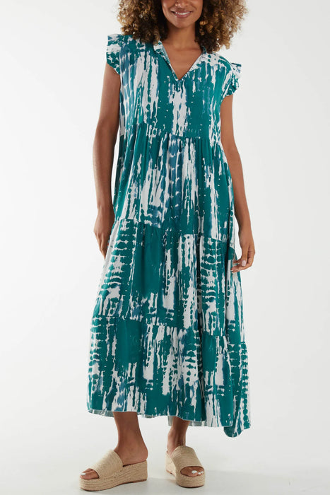 V-Neck Frill Sleeve Tiered Dress