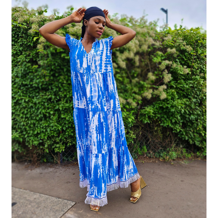 V-Neck Frill Sleeve Tiered Dress