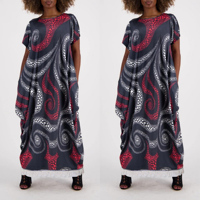 Abstract Print Cap Sleeve Maxi Dress with Pockets