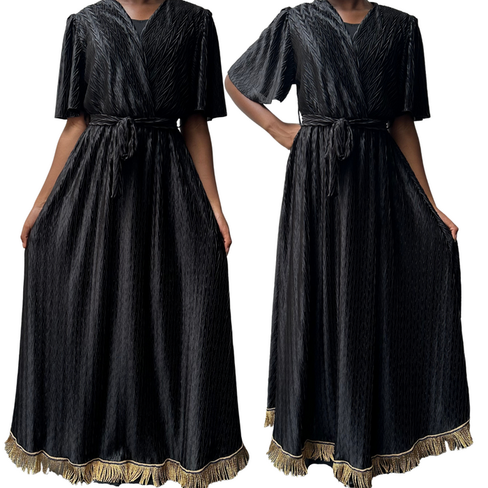 V-Neck Tie Waist Crinkle Midi Dress