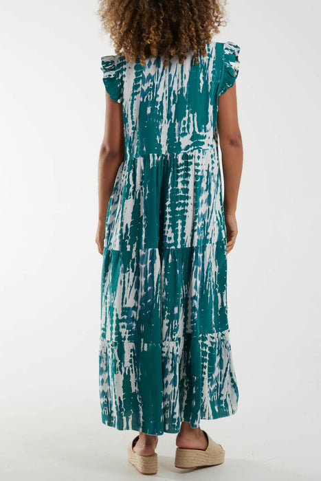 V-Neck Frill Sleeve Tiered Dress