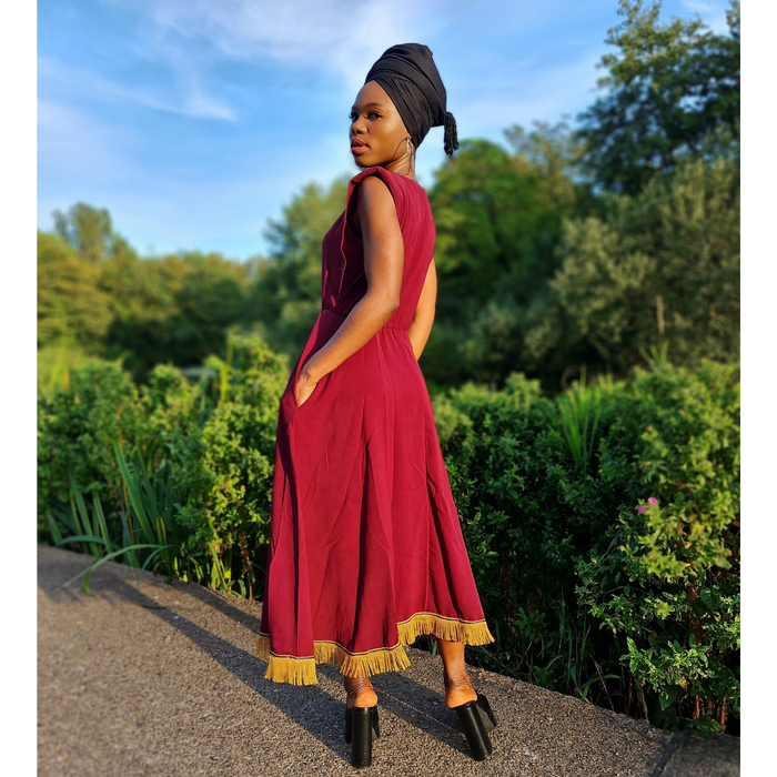 Padded Shoulders Midi Skater Dress w/ Pockets