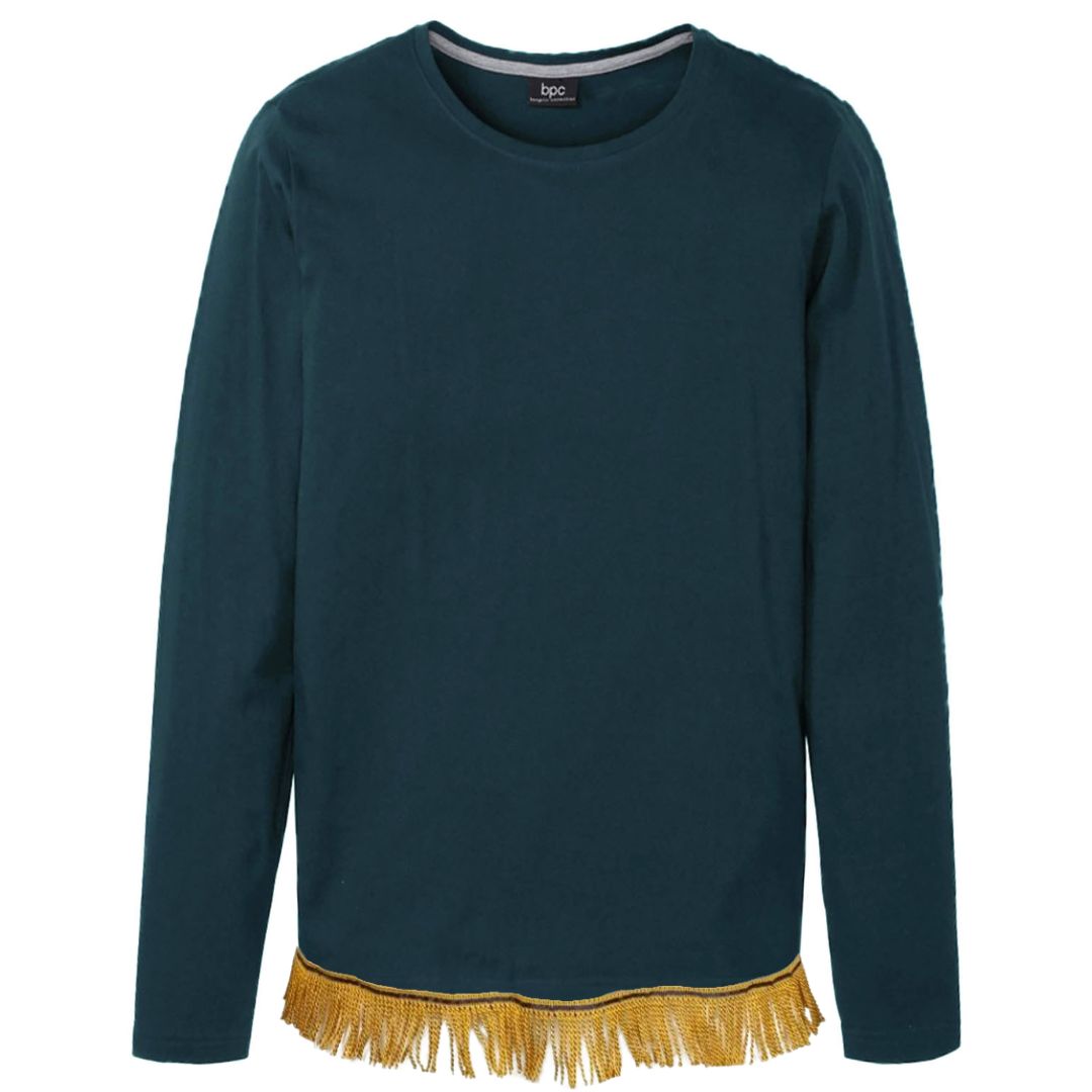 Long Sleeve Crew Neck T-Shirt with Fringes