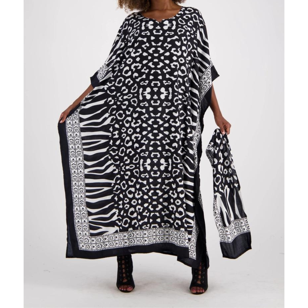 Zebra Print Kaftan Maxi Dress with Headwrap - Free Worldwide Shipping- Sew Royal US