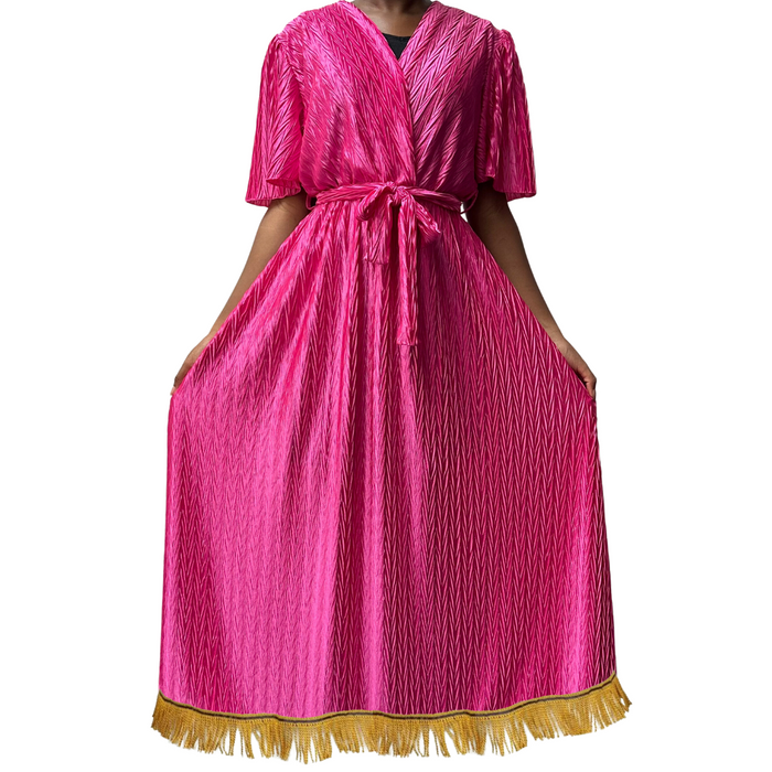 V-Neck Tie Waist Crinkle Midi Dress