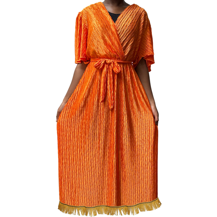 V-Neck Tie Waist Crinkle Midi Dress
