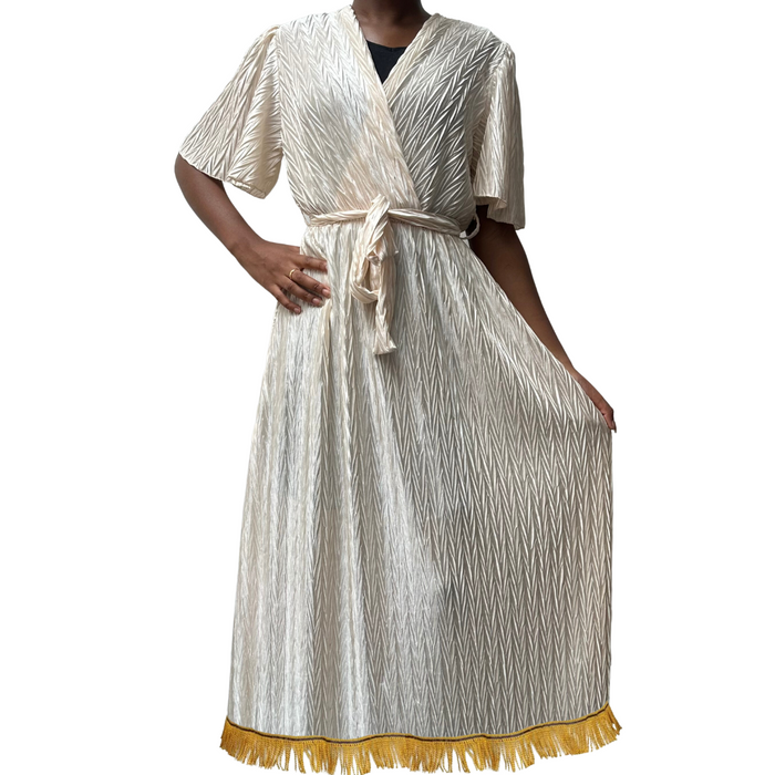 V-Neck Tie Waist Crinkle Midi Dress