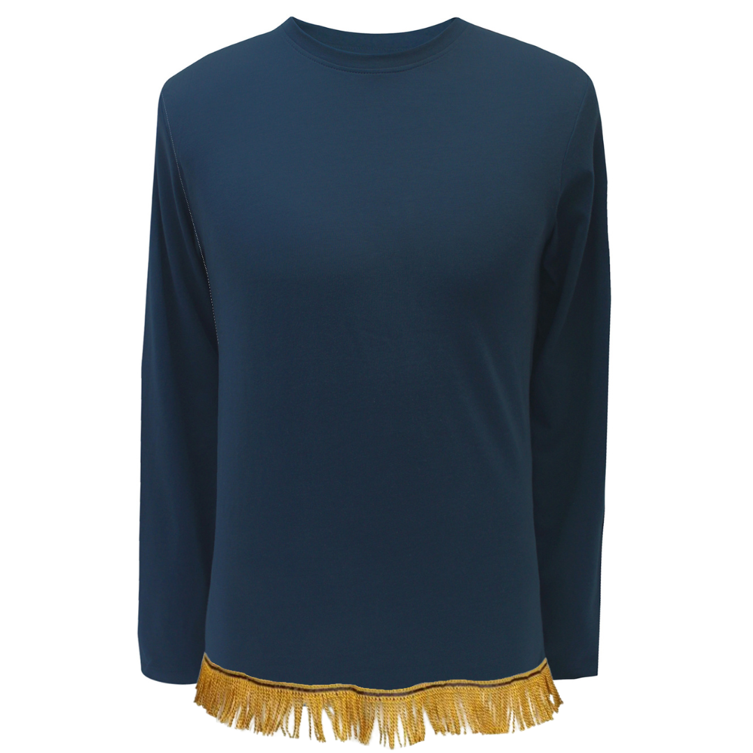 Navy Combed Cotton Long Sleeve T-Shirt with Fringes