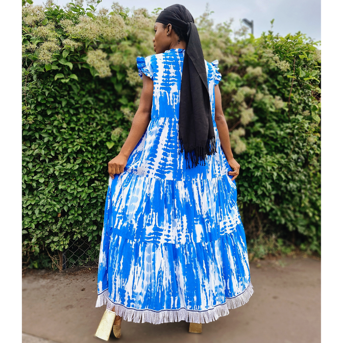 V-Neck Frill Sleeve Tiered Dress