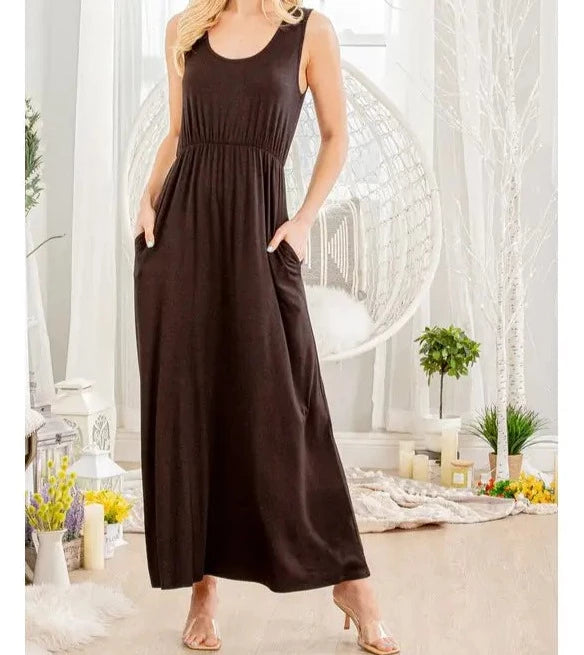 Solid Sleeveless Maxi Dress with Pockets