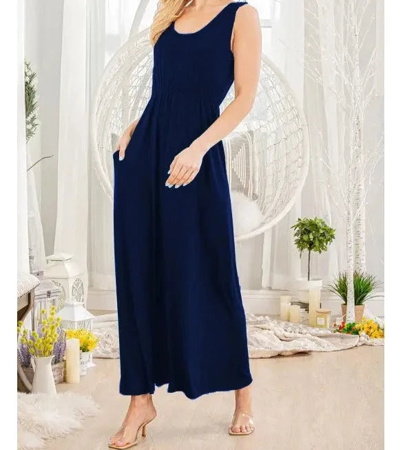 Solid Sleeveless Maxi Dress with Pockets