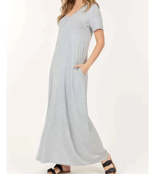 Plain V Neck Maxi Dress with Pockets