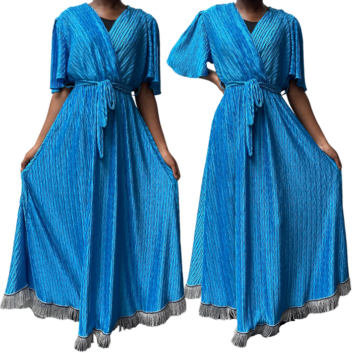 V-Neck Tie Waist Crinkle Midi Dress