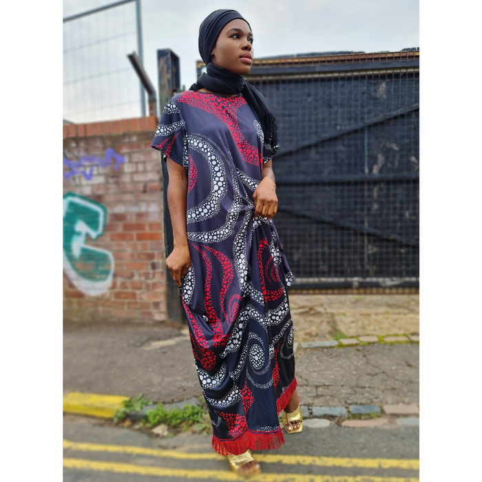 Abstract Print Cap Sleeve Maxi Dress with Pockets