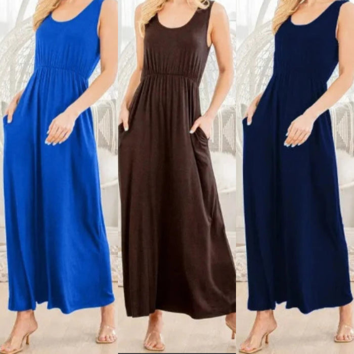 Solid Sleeveless Maxi Dress with Pockets
