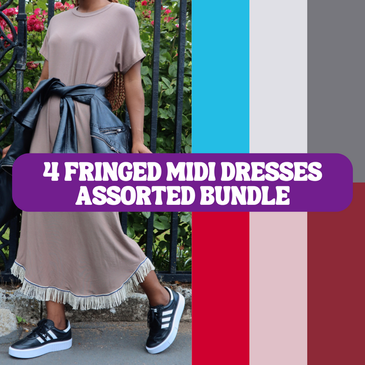 Fringed Loose Fit Midi Dress Bundle (4 Assorted Colors)