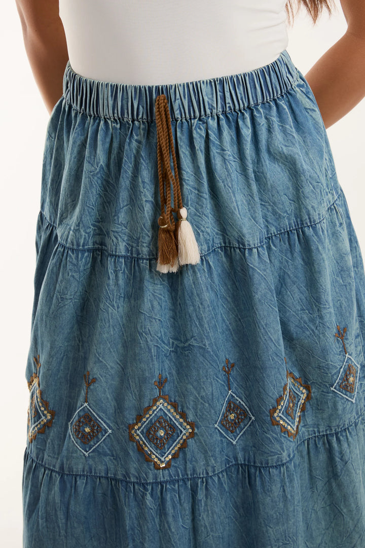 100% Cotton Denim Embroidered Tiered Skirt