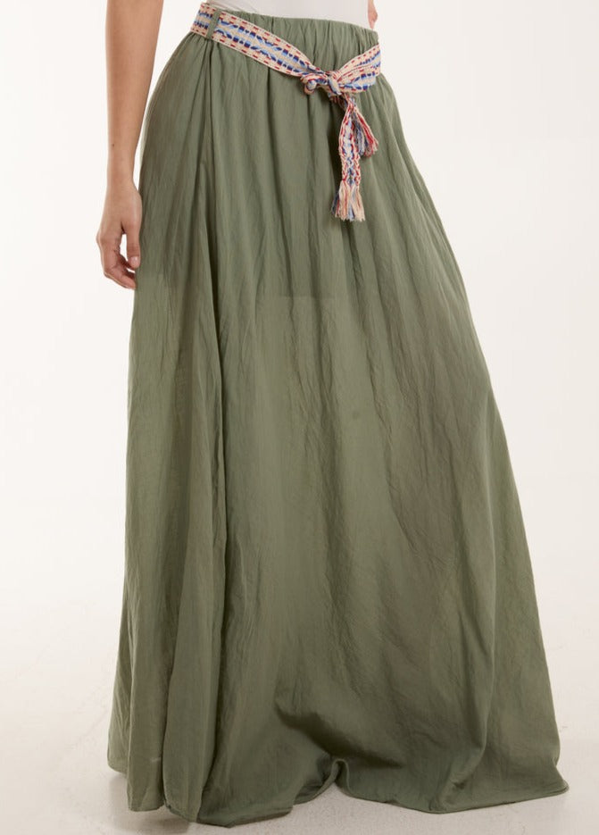 100% Cotton Crushed Maxi Skirt with Belt