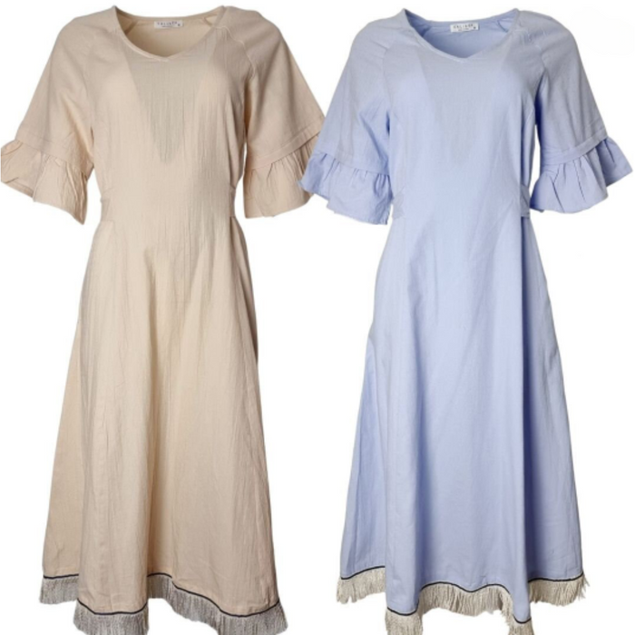 Tie-Back Cotton Midi Dress with Pockets with Fringes-Small