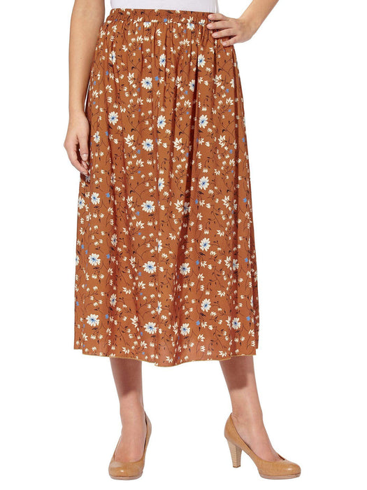 Bronze Pull-On Floral Print Midi Skirt