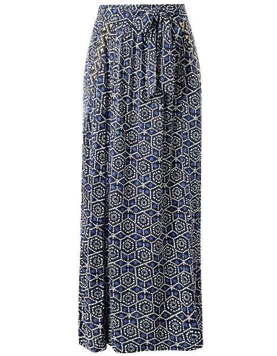 Blue Geometric Print Maxi Skirt with Pockets