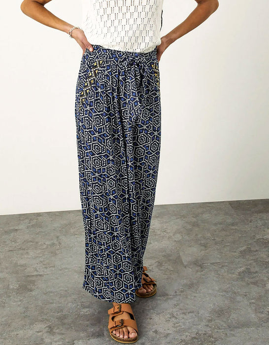 Blue Geometric Print Maxi Skirt with Pockets