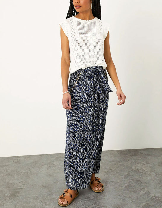 Blue Geometric Print Maxi Skirt with Pockets
