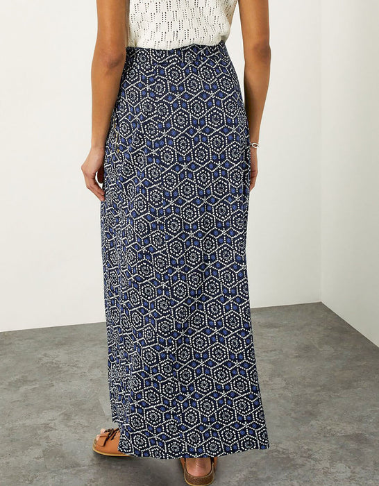 Blue Geometric Print Maxi Skirt with Pockets
