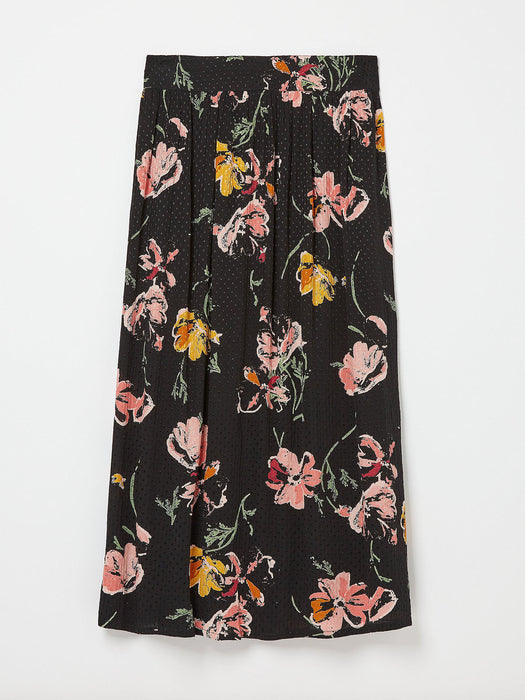 Black Floral Print Midi Skirt with Side Pockets