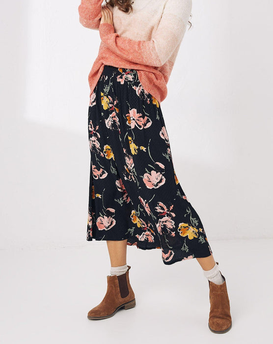Black Floral Print Midi Skirt with Side Pockets
