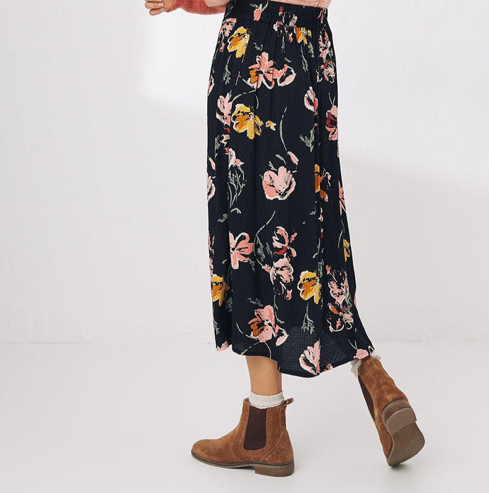 Black Floral Print Midi Skirt with Side Pockets