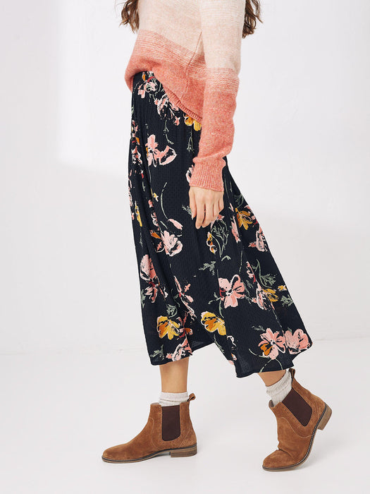 Black Floral Print Midi Skirt with Side Pockets