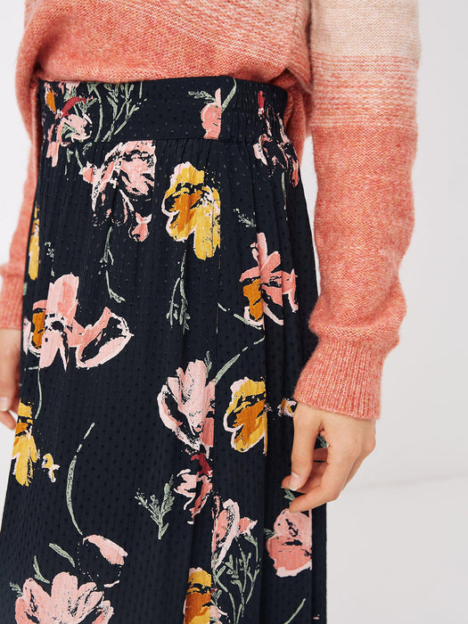 Black Floral Print Midi Skirt with Side Pockets