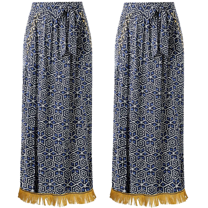 Blue Geometric Print Maxi Skirt with Pockets