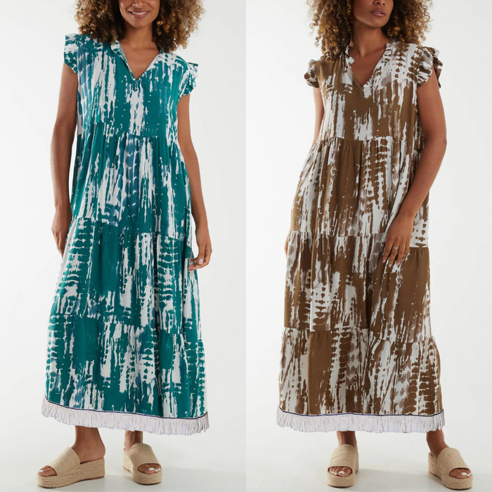 V-Neck Frill Sleeve Tiered Dress