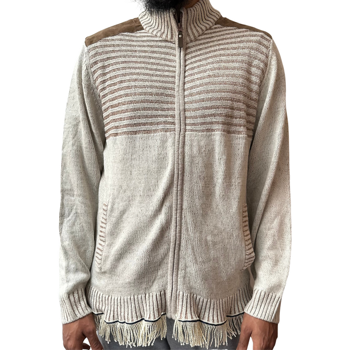 Men's Zipped Speckled Knitted Cardigan with Fringes