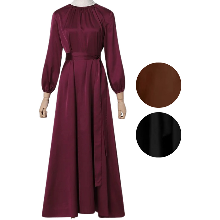 Satin Puff Sleeve Belted Maxi Dress
